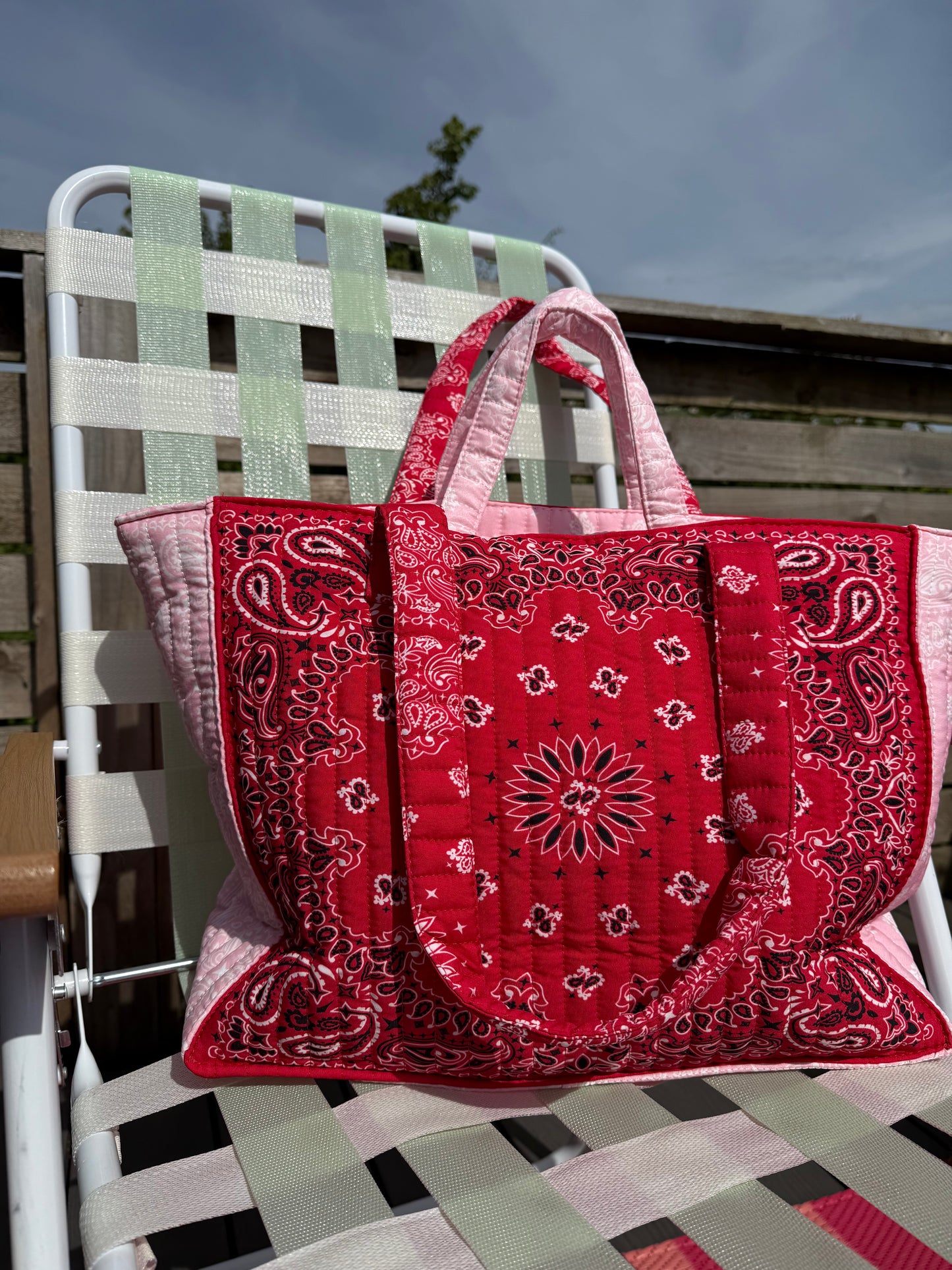 Bandana Print Cotton Tote Bag in Red & Pink