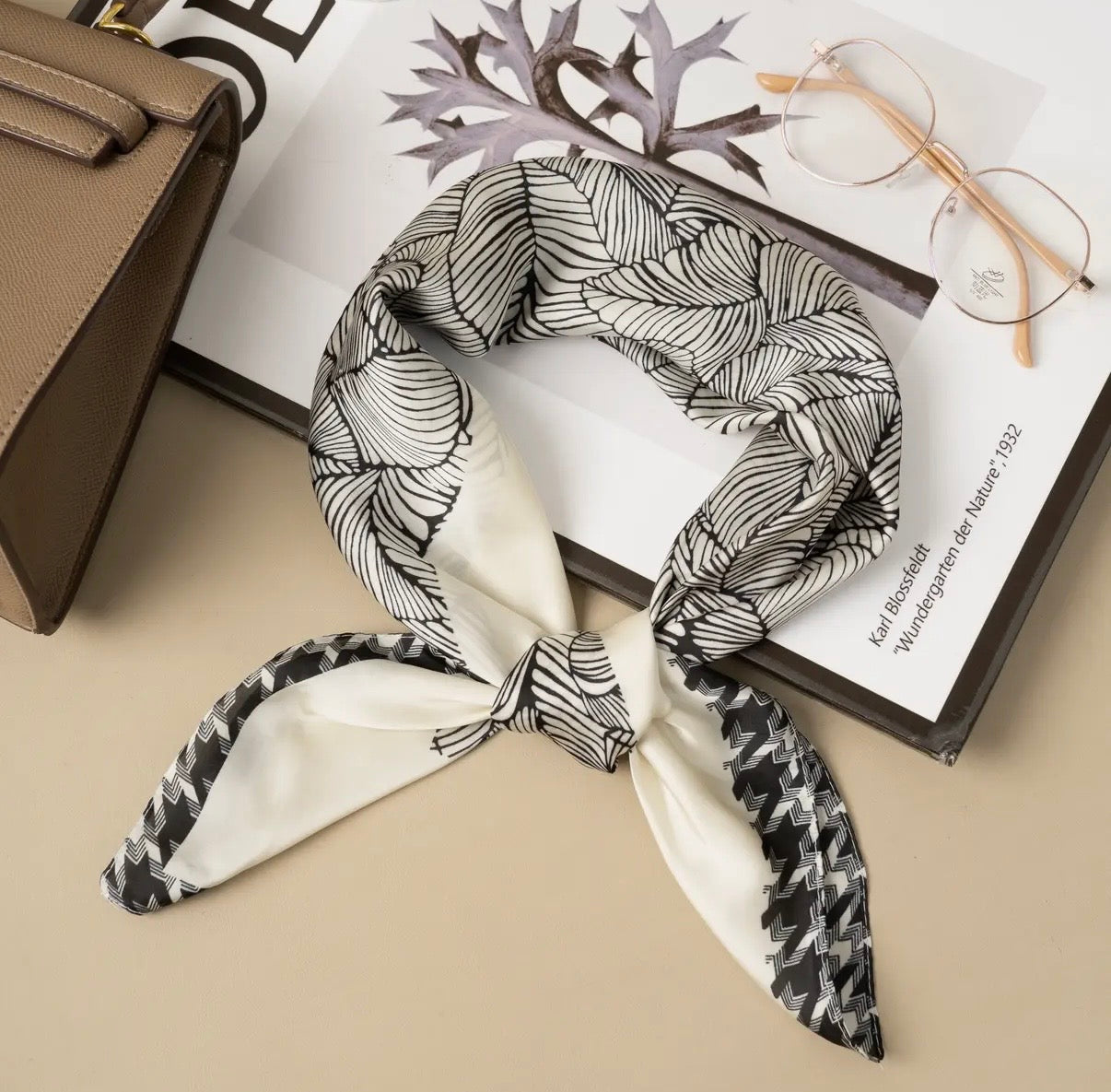 Faux Silk Square Scarf in Cream & Black Print