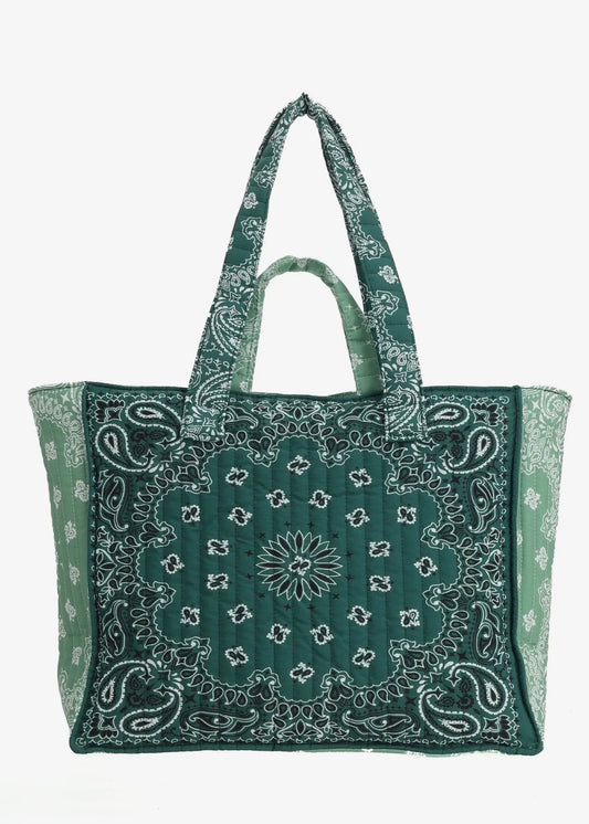 Bandana Print Cotton Tote Bag in Green Mix