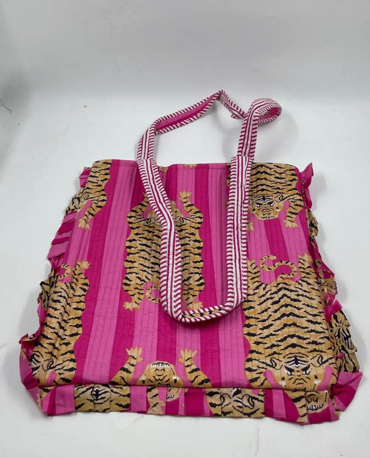 Block Print Indian Cotton Tote Bag with Frilled Edges in Pink Tiger Stripe