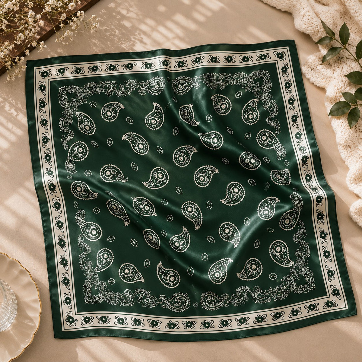 Faux Silk Square Scarf in Green Paisley Print