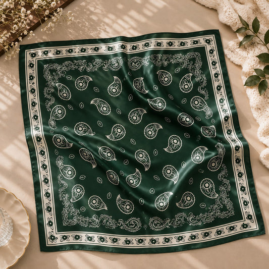 Faux Silk Square Scarf in Green Paisley Print