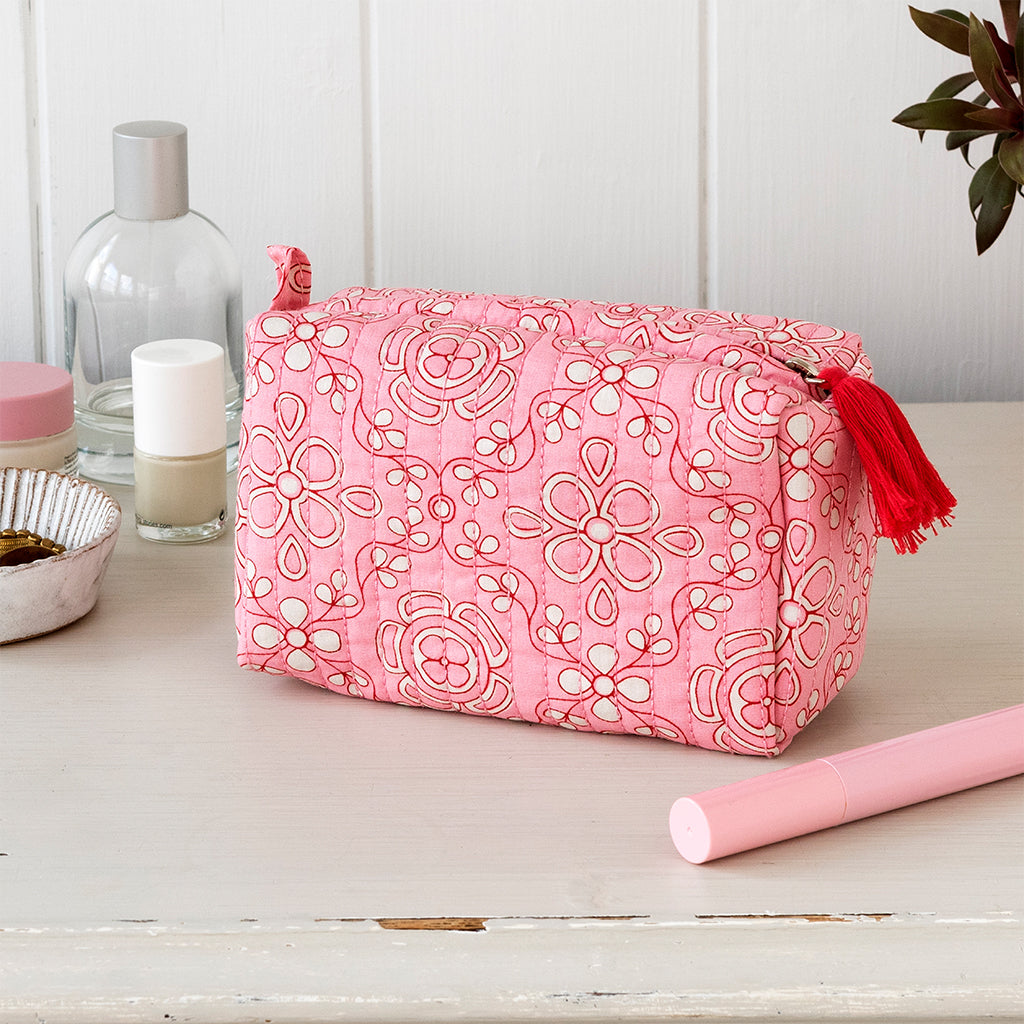 Quilted Cotton Make Up Bag in Pink - Rex London