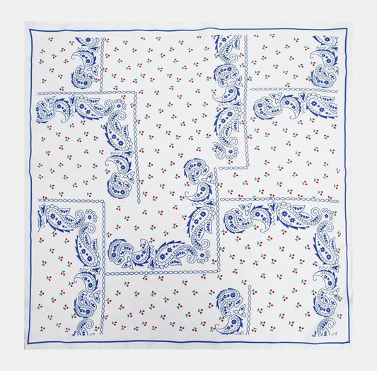 Faux Silk Square Scarf in Blue Paisley & Cherry Print