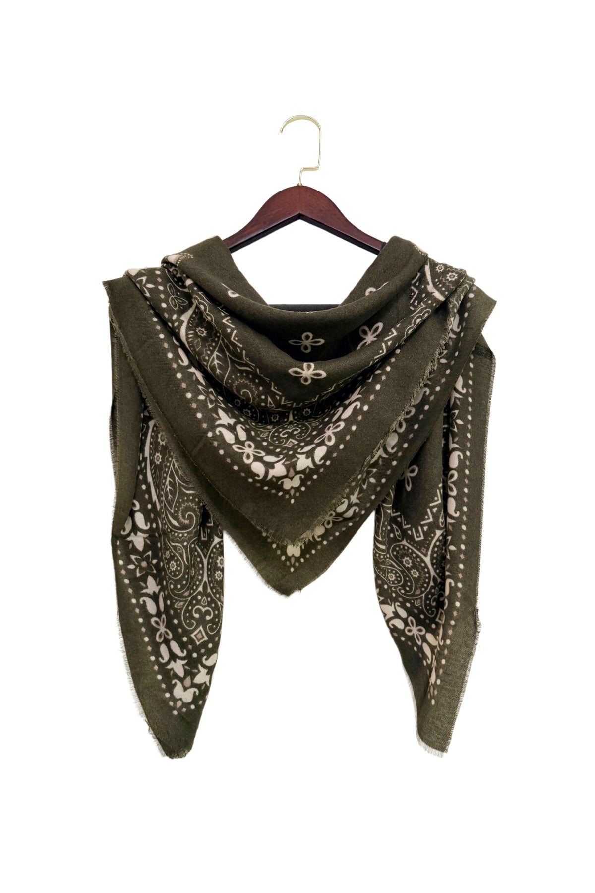 Paisley/Bandana Print Wool Mix Large Scarf in Khaki