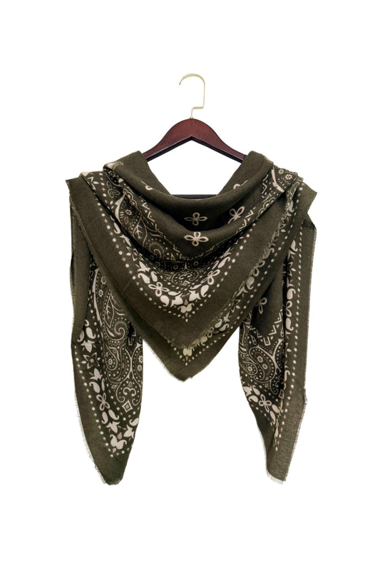 Paisley/Bandana Print Wool Mix Large Scarf in Khaki