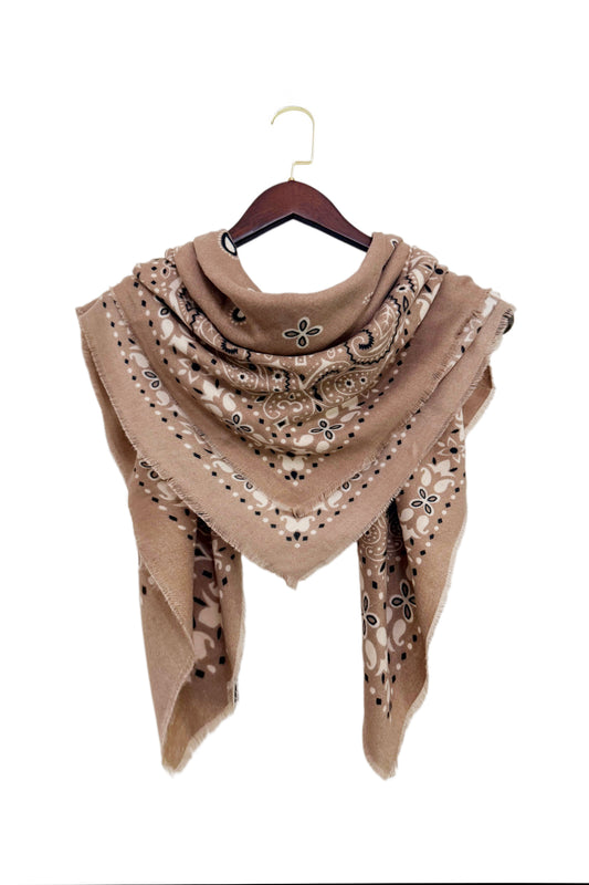 Paisley/Bandana Print Wool Mix Large Scarf in Taupe