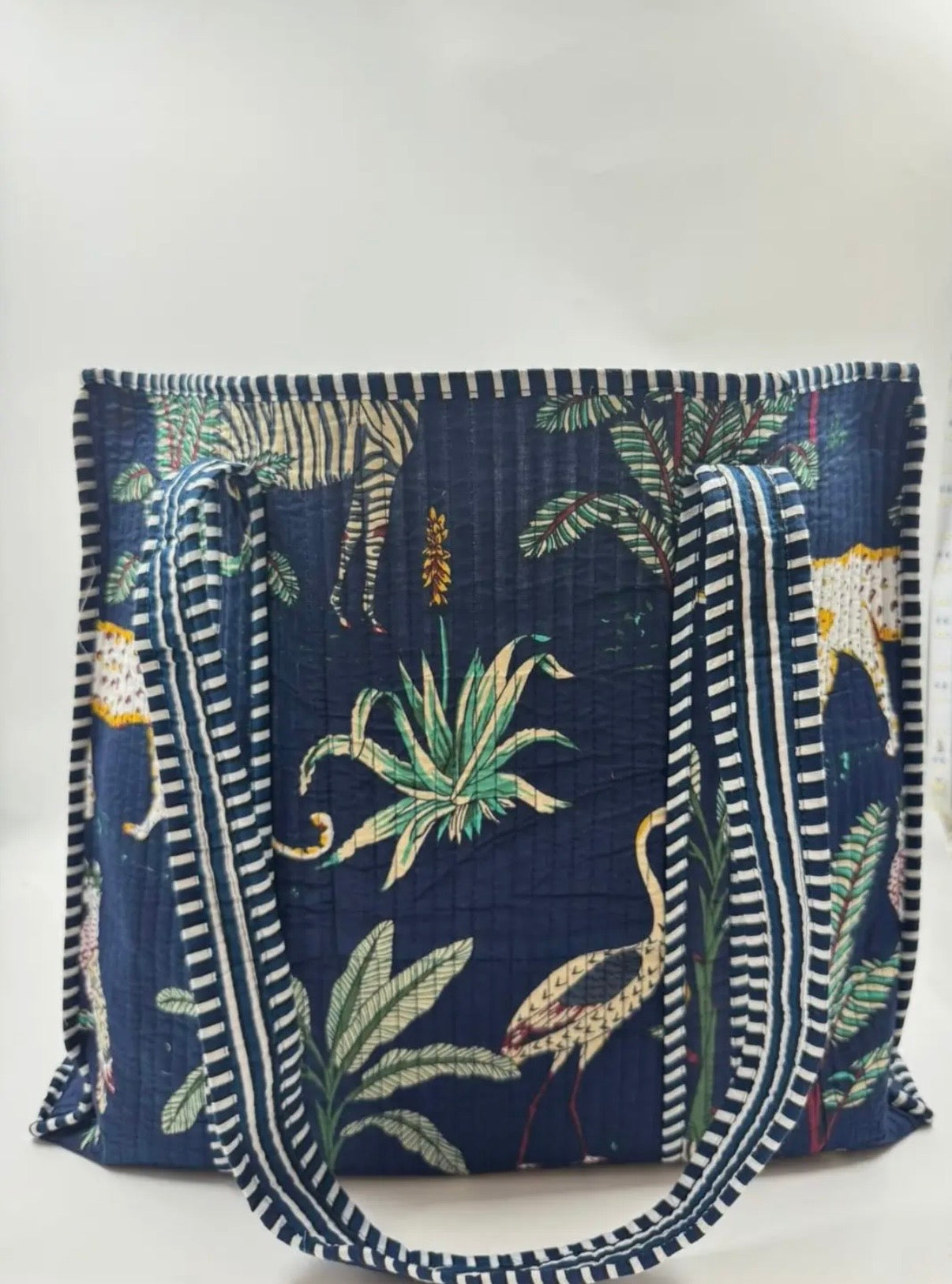 Block Print Indian Cotton Tote Bag in Navy Wildlife Print