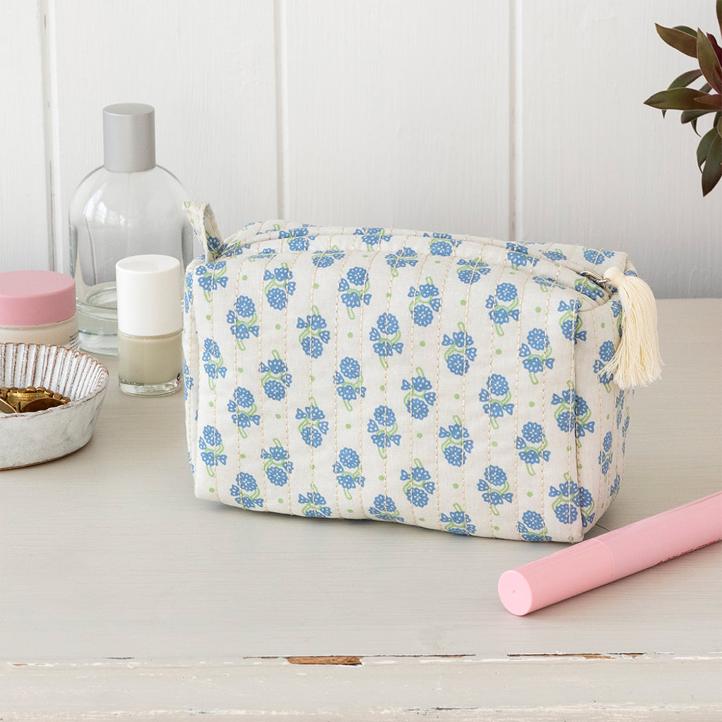 Quilted Cotton Make Up Bag in Blue Print - Rex London