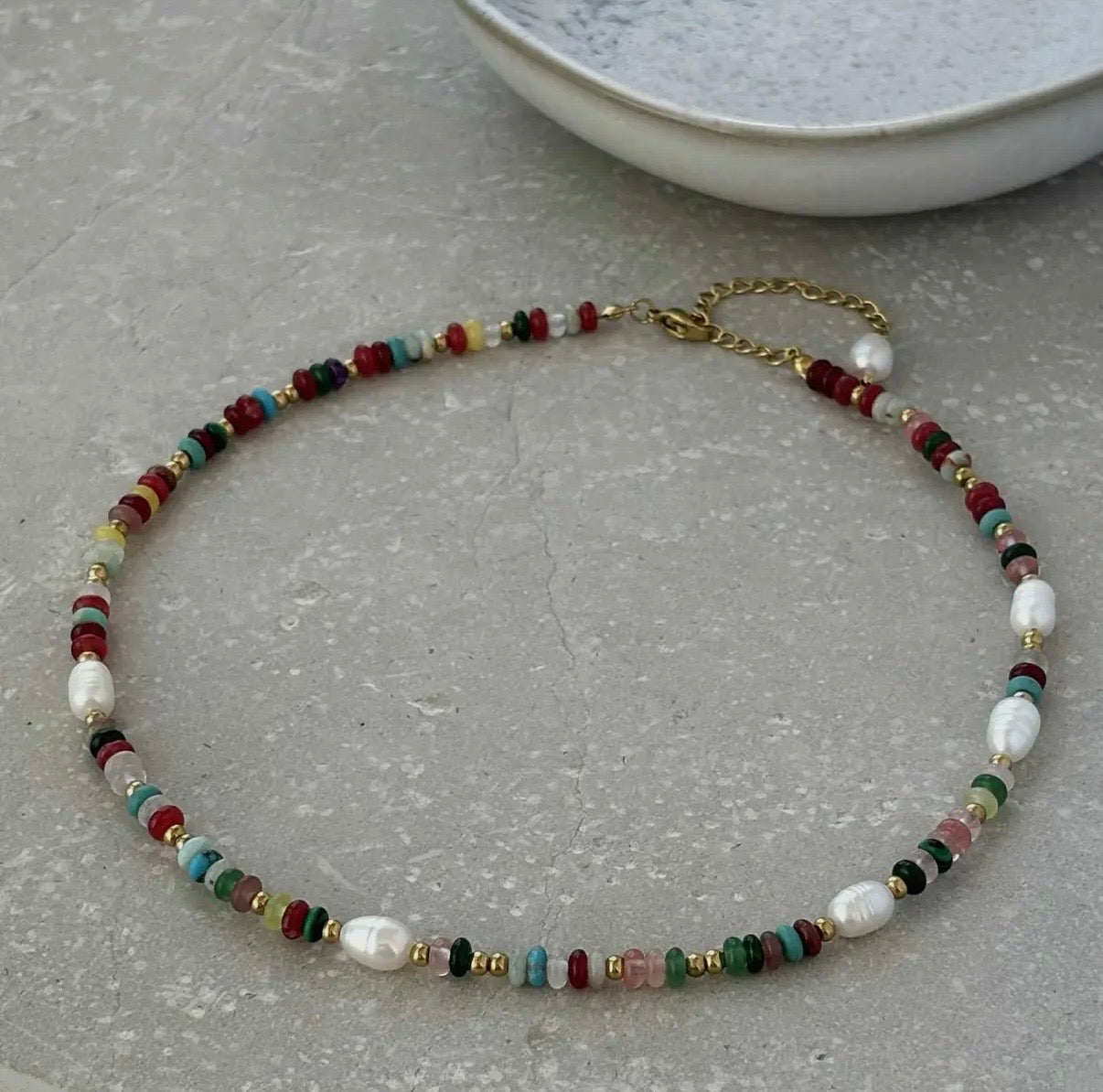 Multi Coloured with Pearl Beaded Necklace in Gold - NOSTRUM