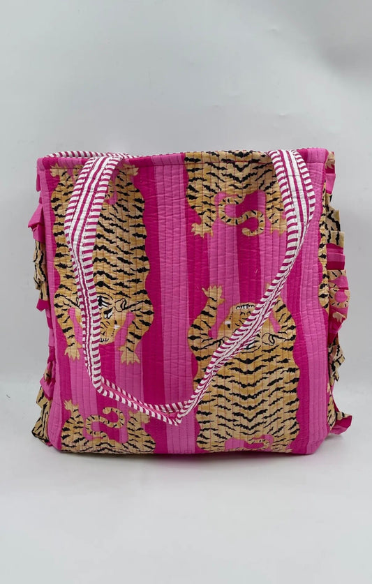 Block Print Indian Cotton Tote Bag with Frilled Edges in Pink Tiger Stripe