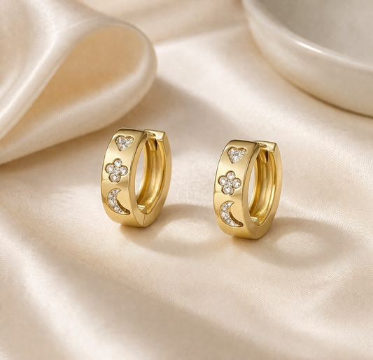 Heart, Flower, Moon CZ Detailed Huggies in Gold - NOSTRUM