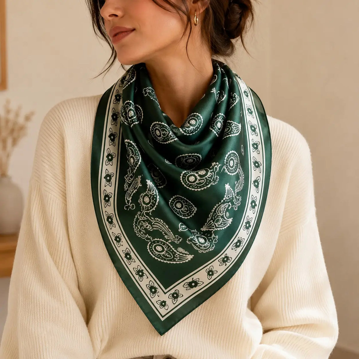 Faux Silk Square Scarf in Green Paisley Print