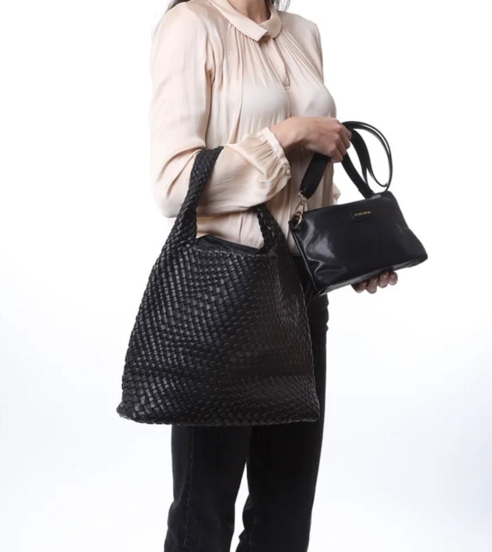 Lola Bucket Style Woven Shoulder Bag - Black