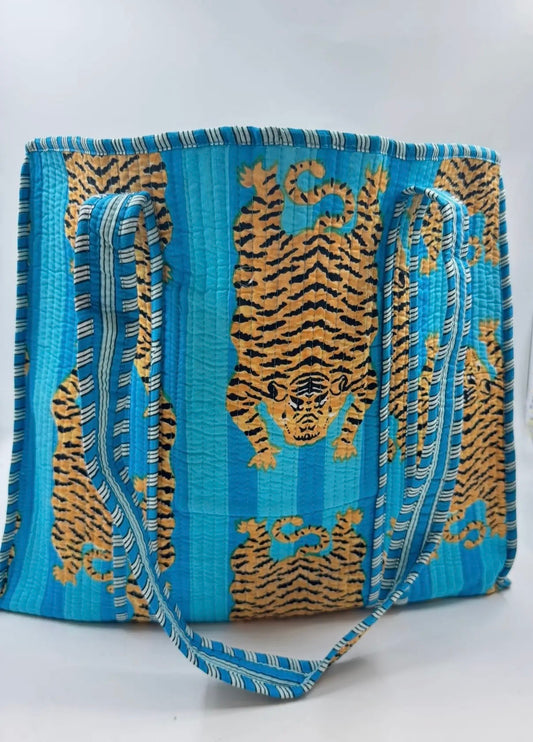 Block Printed Indian Cotton Tote Bag in Blue Tiger Stripe
