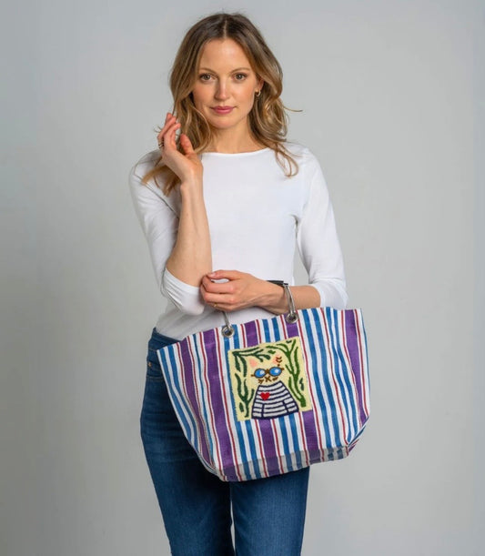Market Shopper Bag with Embroidered Cat Design - Earth Squared