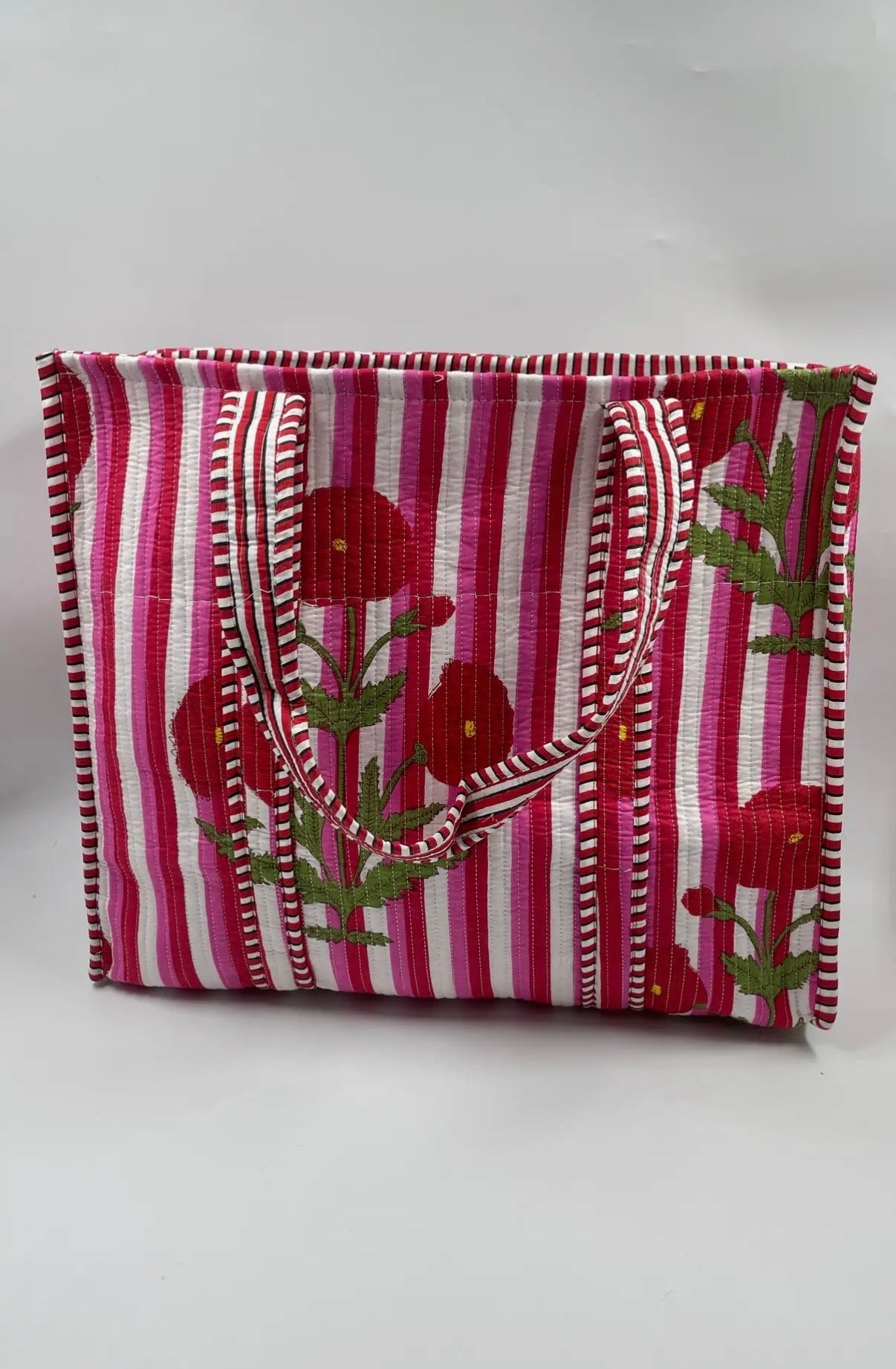 Block Print Indian Cotton Tote Bag in Poppy Stripe Print
