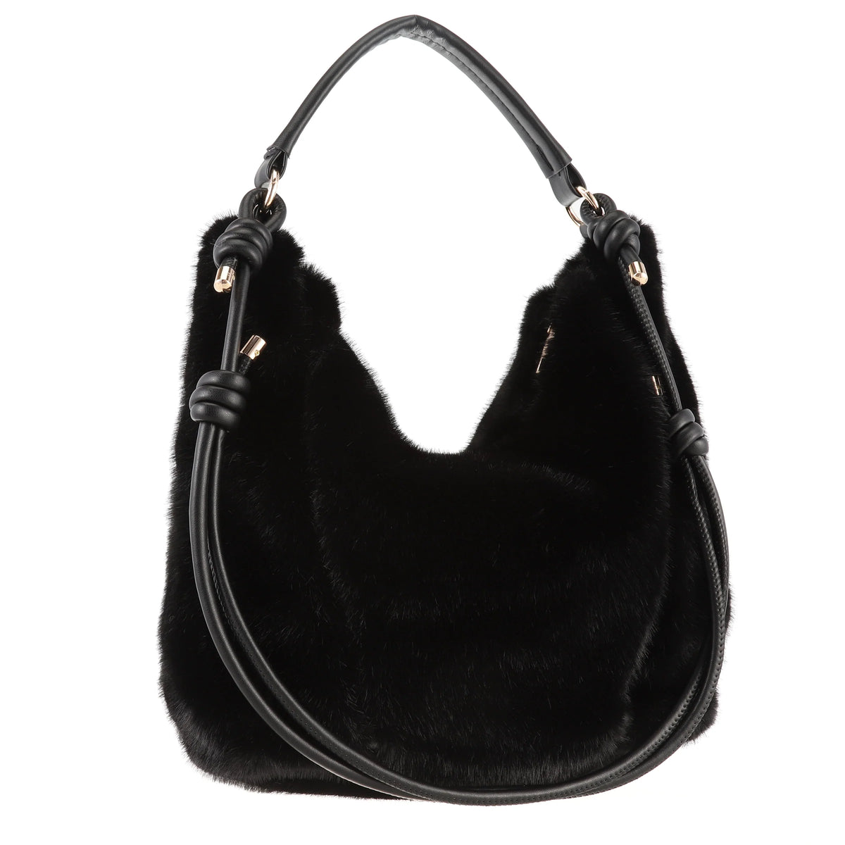 Faux Fur Hobo Shoulder Bag in Black