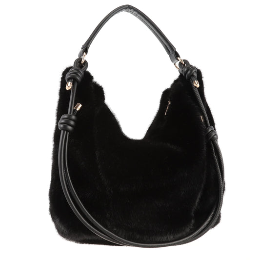 Faux Fur Hobo Shoulder Bag in Black