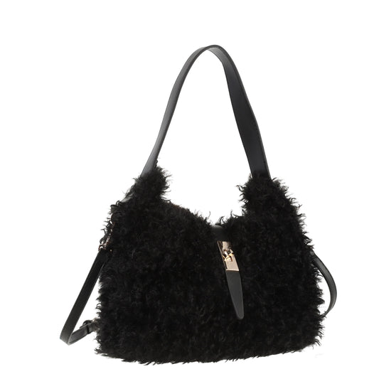 Faux Shearling Style Hobo Bag in Black