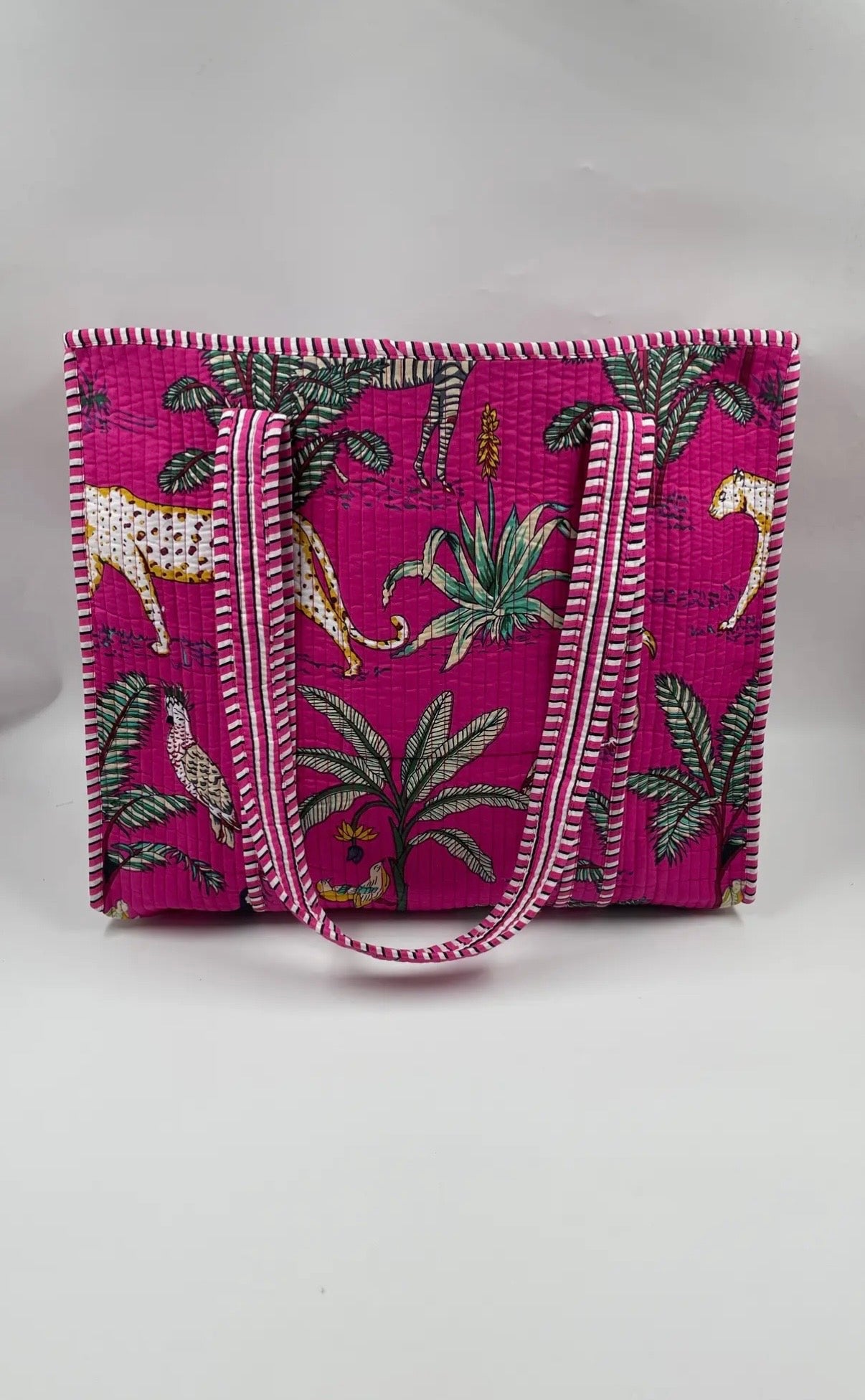 Indian Cotton Tote Bag in Pink Jungle Print Design