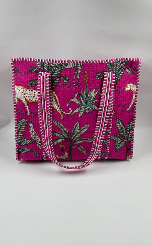 Indian Cotton Tote Bag in Pink Jungle Print Design