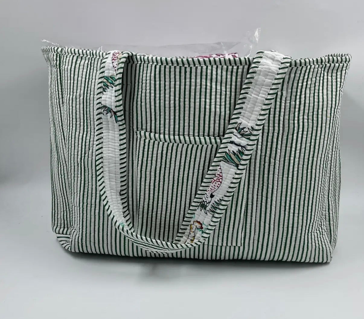 Block Print Indian Cotton Tote Bag in White Wildlife Print