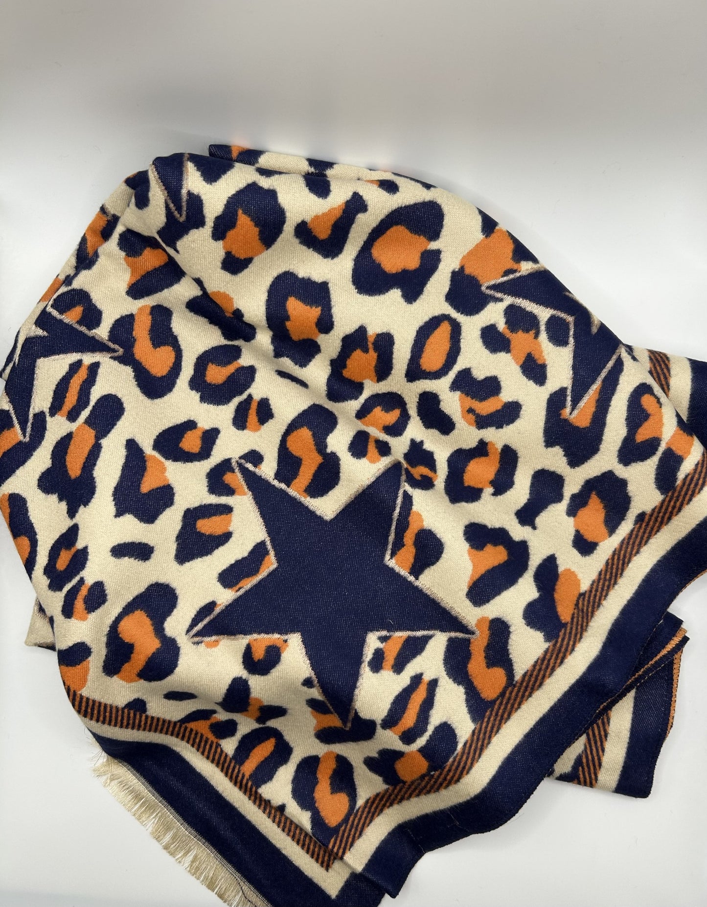 Star and Leopard Print Scarf/Pashmina - Navy