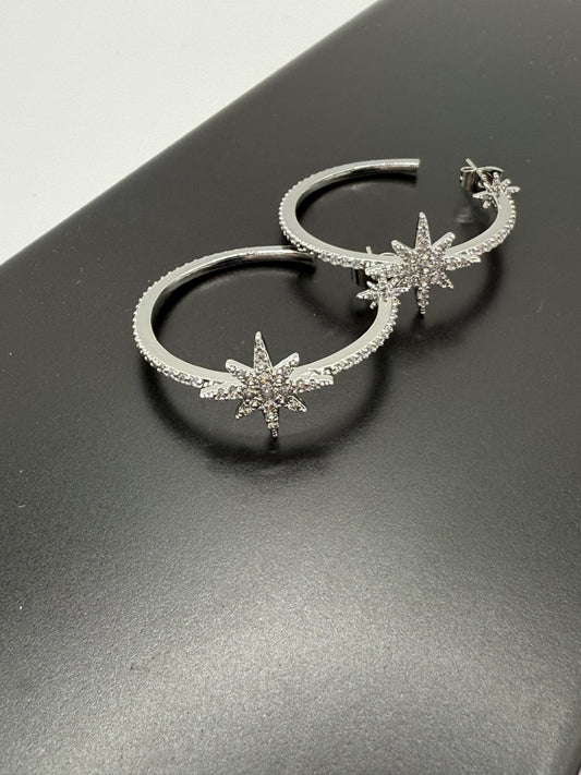 Beatrice Star Detail Hoop Earrings - Silver Plated with CZ Detail