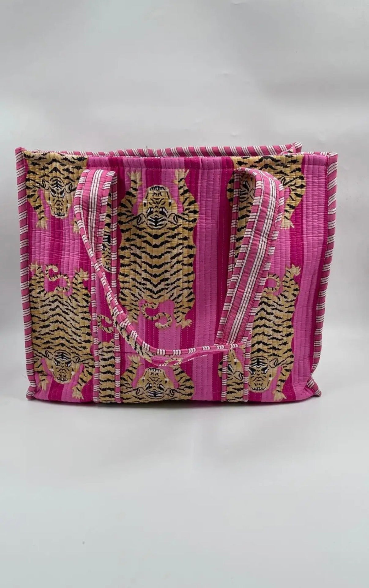 Block Print Indian Cotton Tote Bag in Pink Tiger Stripe
