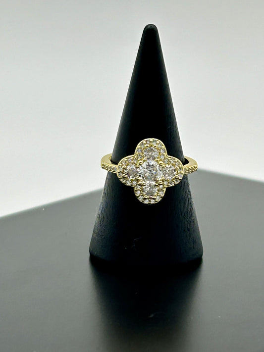 Adjustable Clover CZ Ring - 14ct Gold Plated