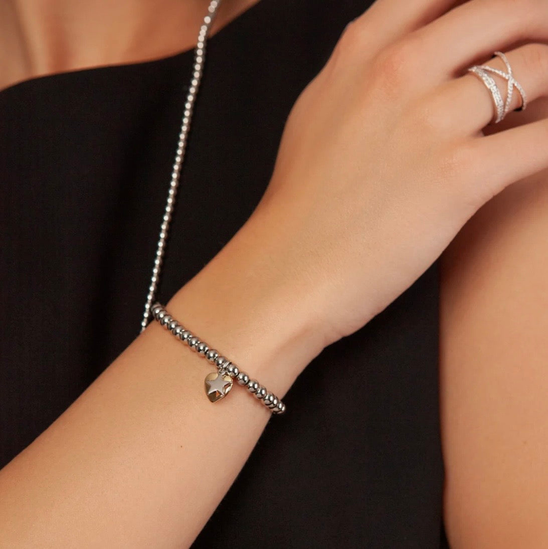 Elasticated Mix-Metal Bracelet with Heart & Star Charms - NOSTRUM