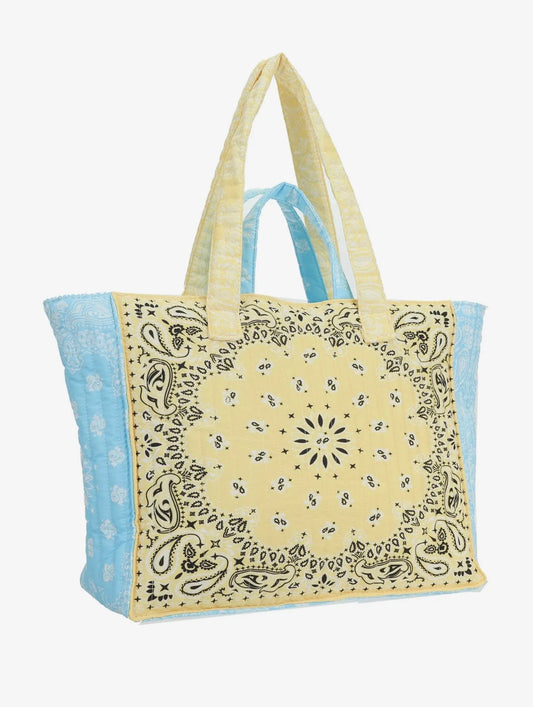 Bandana Print Cotton Tote Bag in Sky Blue & Yellow