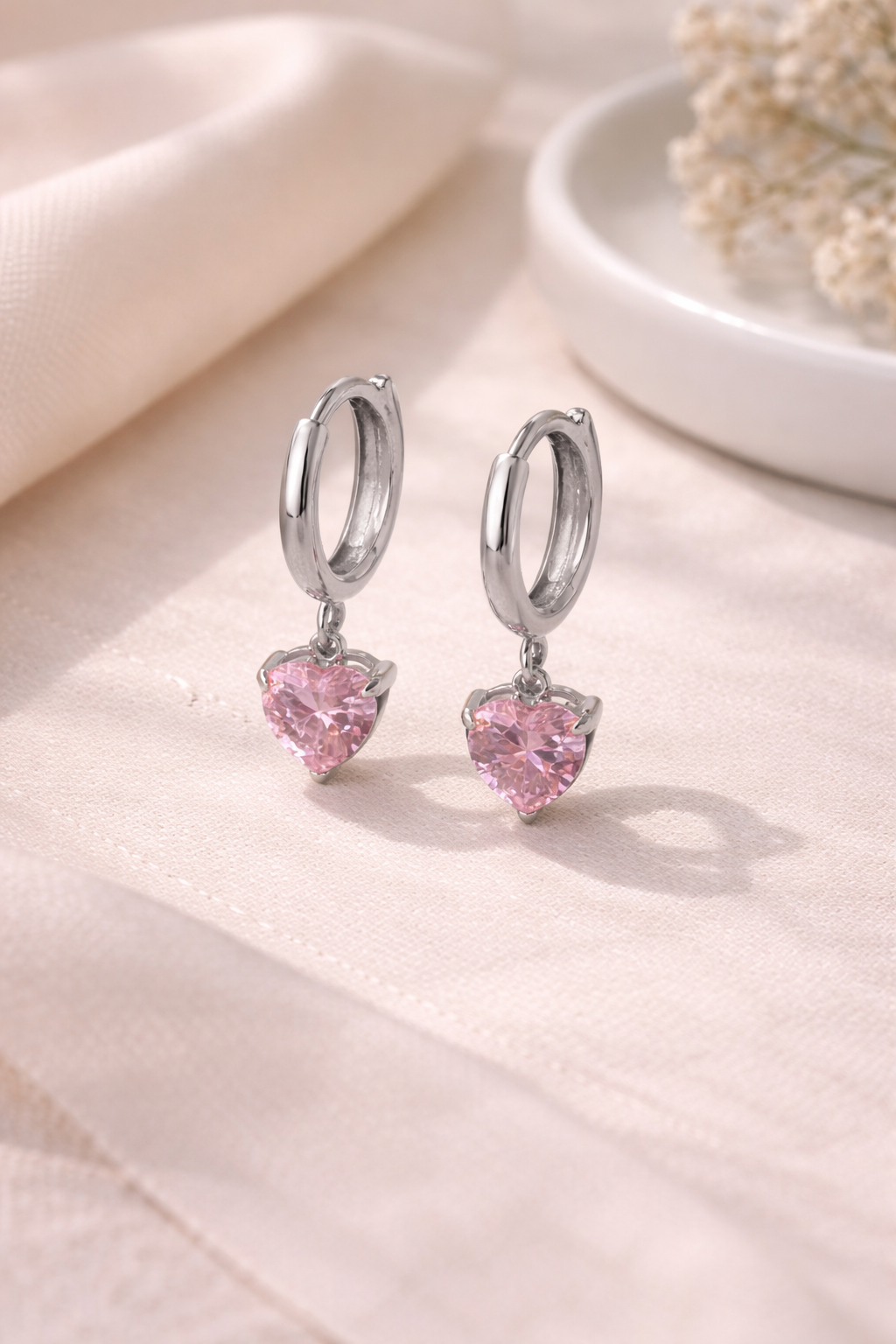 Heart Shaped Pink CZ Detail Huggies in Silver - NOSTRUM