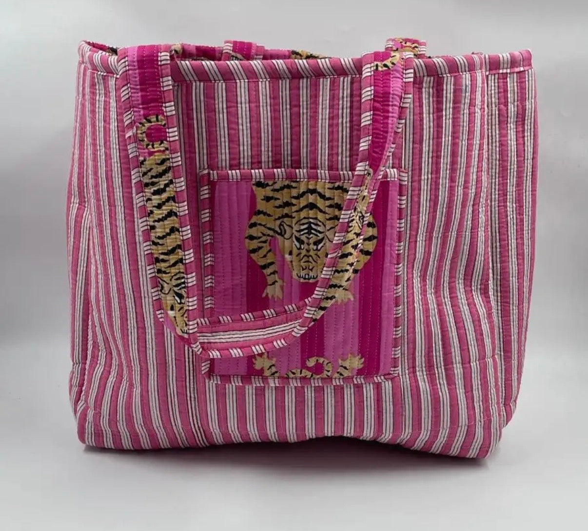 Block Print Indian Cotton Tote Bag in Pink Tiger Stripe