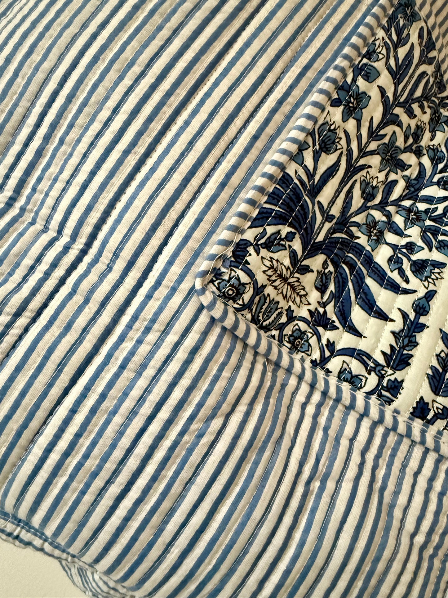 Floral Print Quilted Tote Bag in Blue