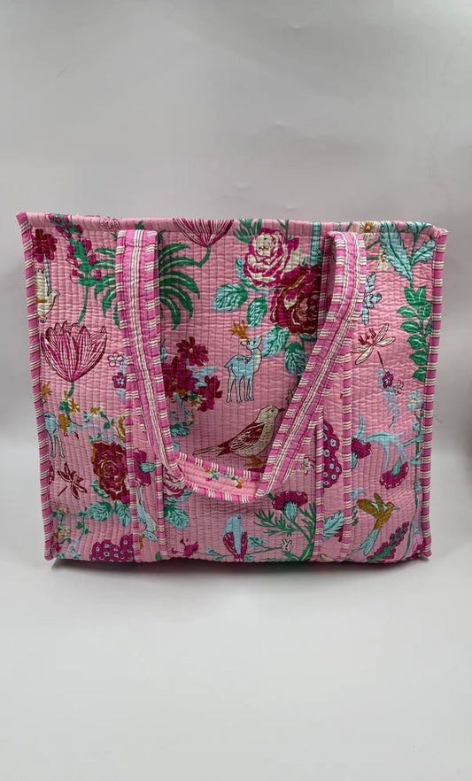 Block Print Indian Cotton Tote Bag in Pink Floral