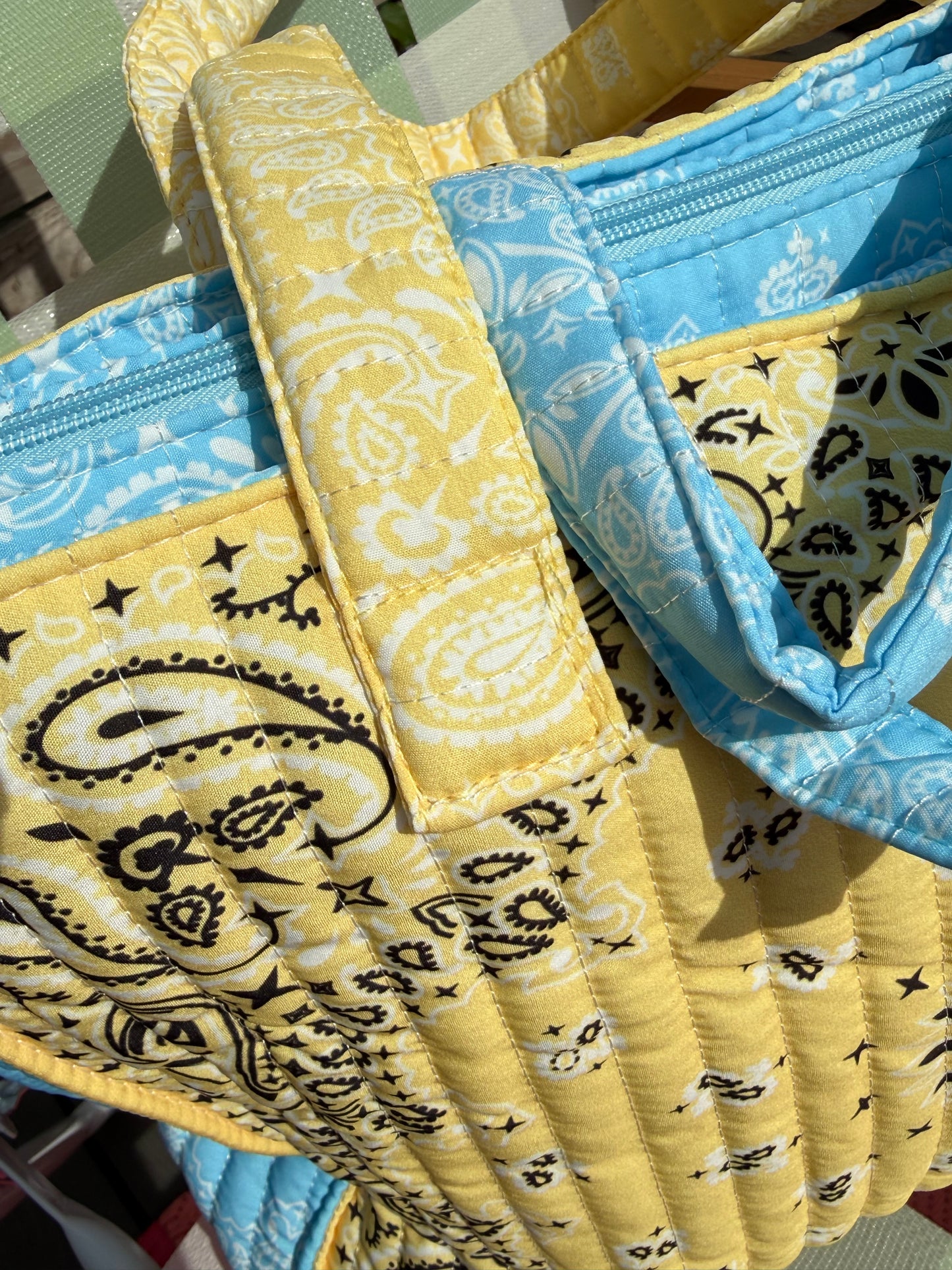 Bandana Print Cotton Tote Bag in Sky Blue & Yellow