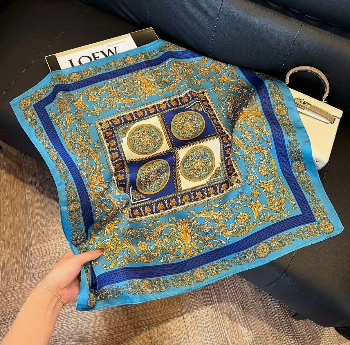 Faux Silk Square Scarf in Blue Baroque Print