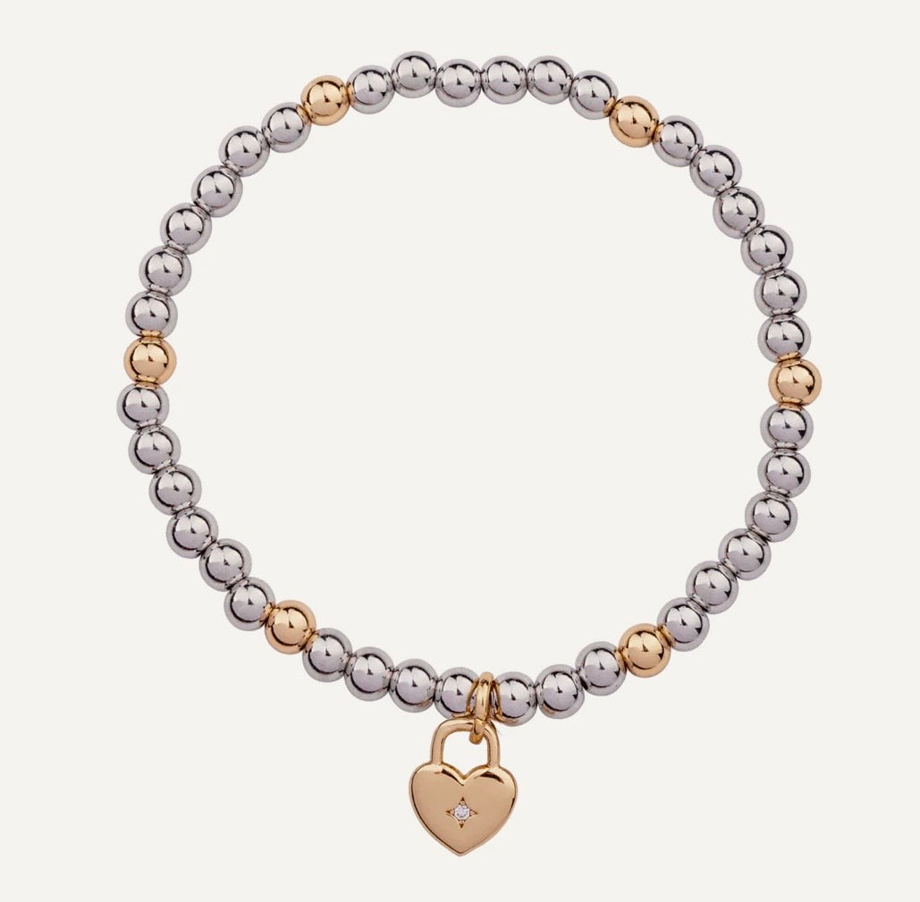 Elasticated Mix-Metal Bracelet with Heart Lock Charm - NOSTRUM