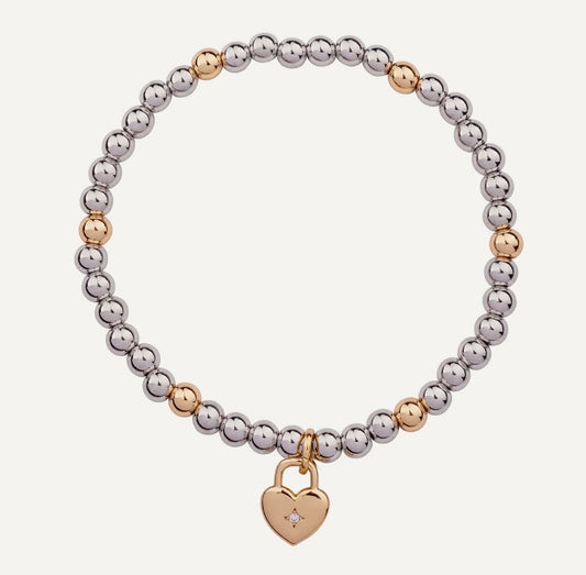 Elasticated Mix-Metal Bracelet with Heart Lock Charm - NOSTRUM