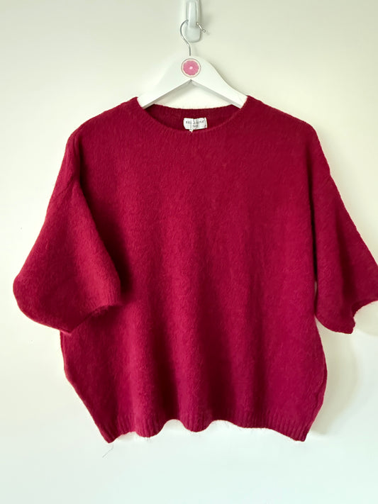 Alpaca Blend Slub Knit Short Sleeved Jumper in Deep Wine