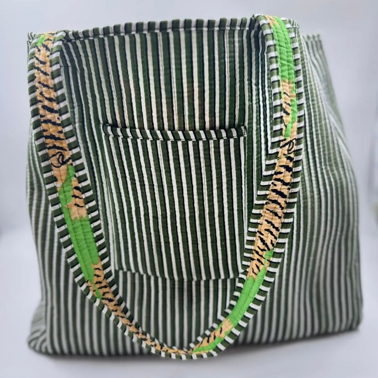 Block Print Indian Cotton Tote Bag in Green Tiger Stripe