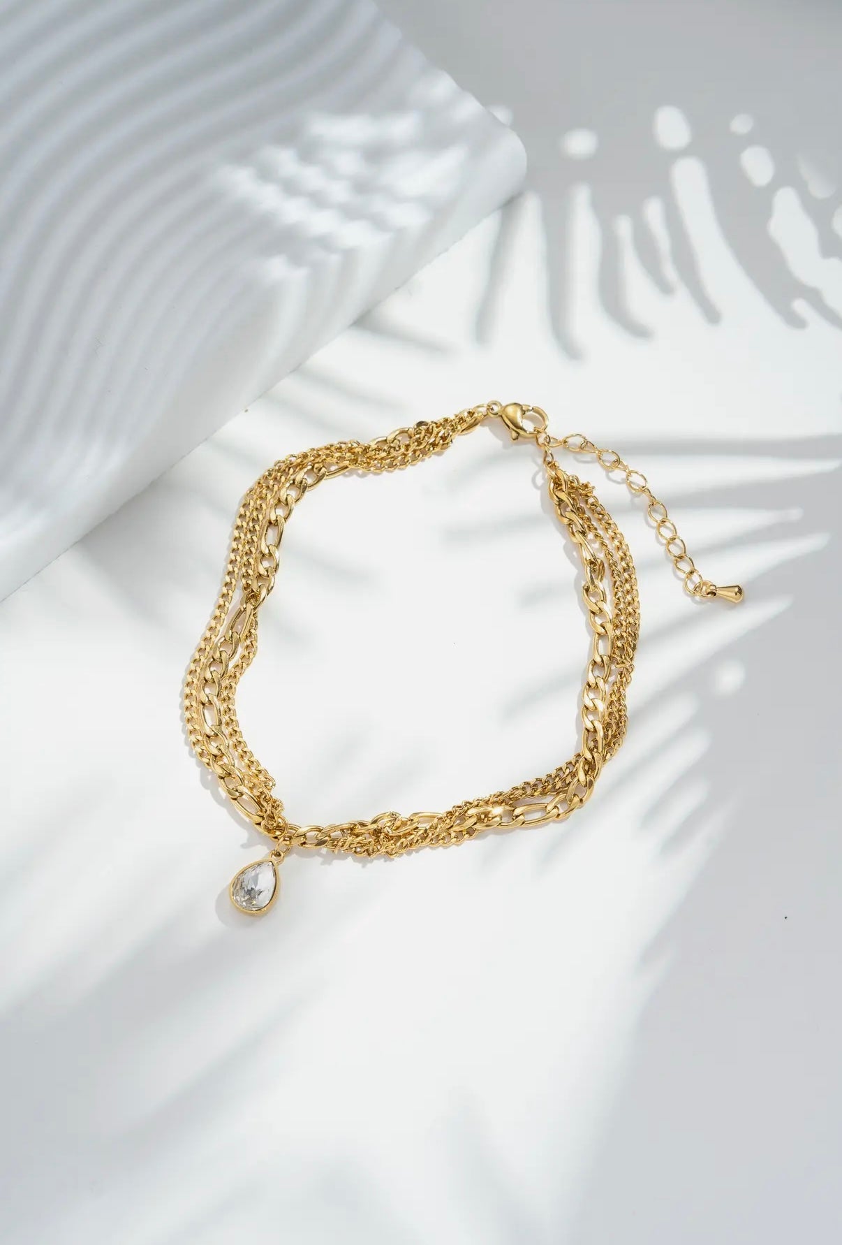 Triple Row Chain Anklet with CZ Stone in Gold - NOSTRUM