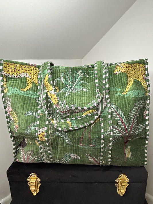 Reversible Velvet Cotton Tote - Green Forest