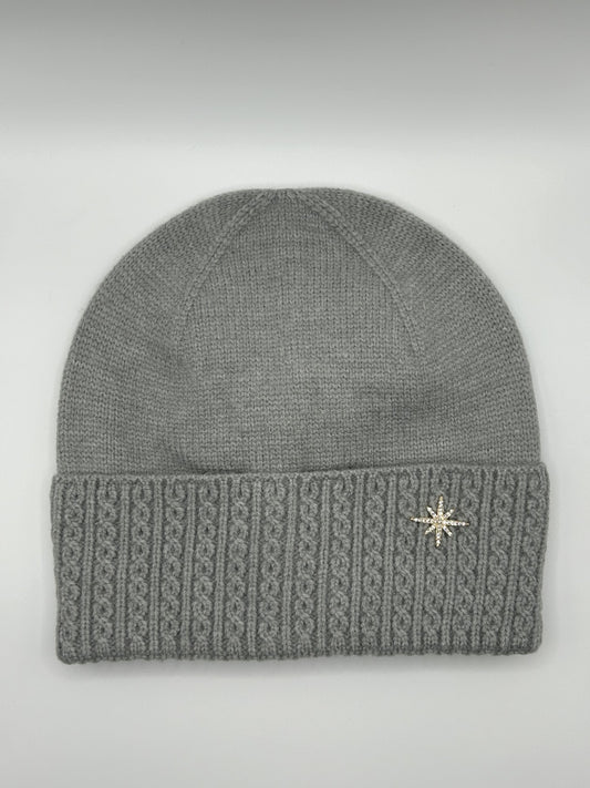 Cable Knit Beanie with Diamante Star - Grey