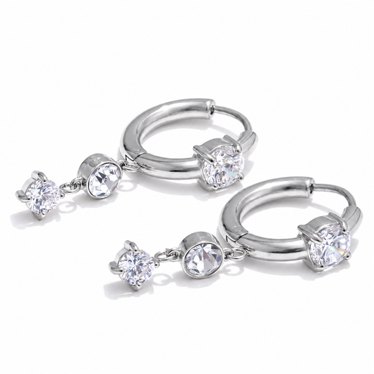 Sparkling CZ Drop Hoop Earrings in Silver - NOSTRUM