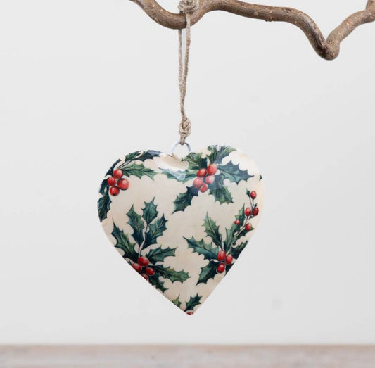 Holly Print Hanging Metal Heart Christmas Decoration