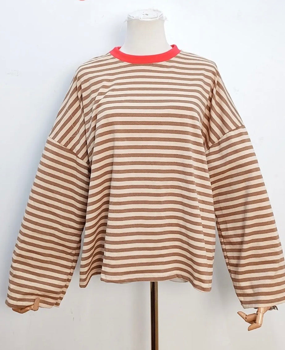 Long Sleeved Striped Cotton T-Shirt in Mocha & Cream