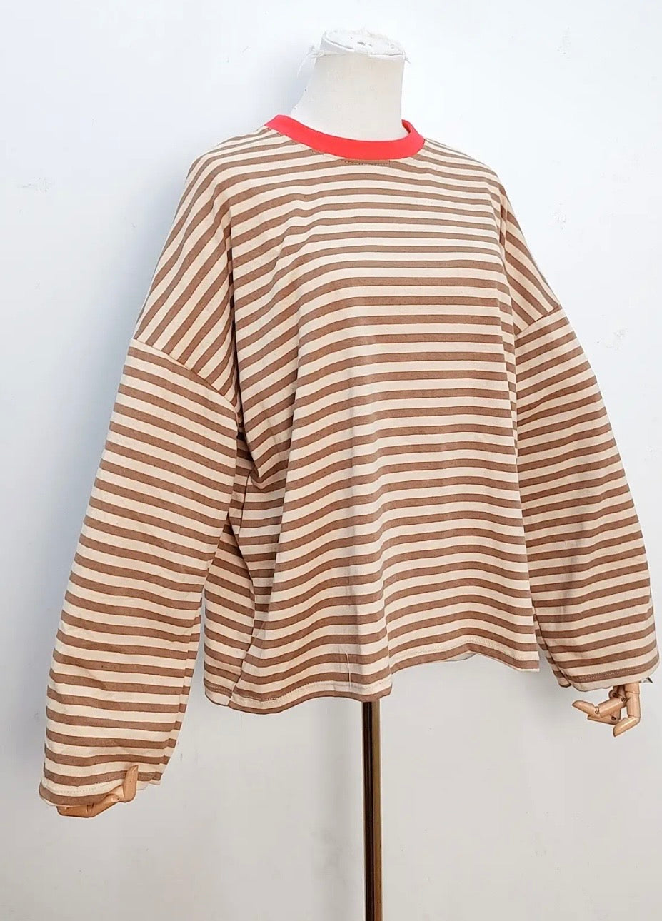 Long Sleeved Striped Cotton T-Shirt in Mocha & Cream